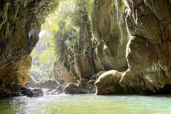 Cave Adventure: Canyon and Hidden Waterfall in Charco Azul - Taíno markings and the story in the rock