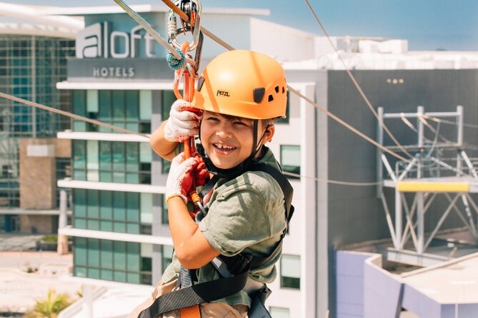 Zipline Sky Bull in Urban Environment in Toroverde urban park San Juan - Lights and digital screens replace the forest